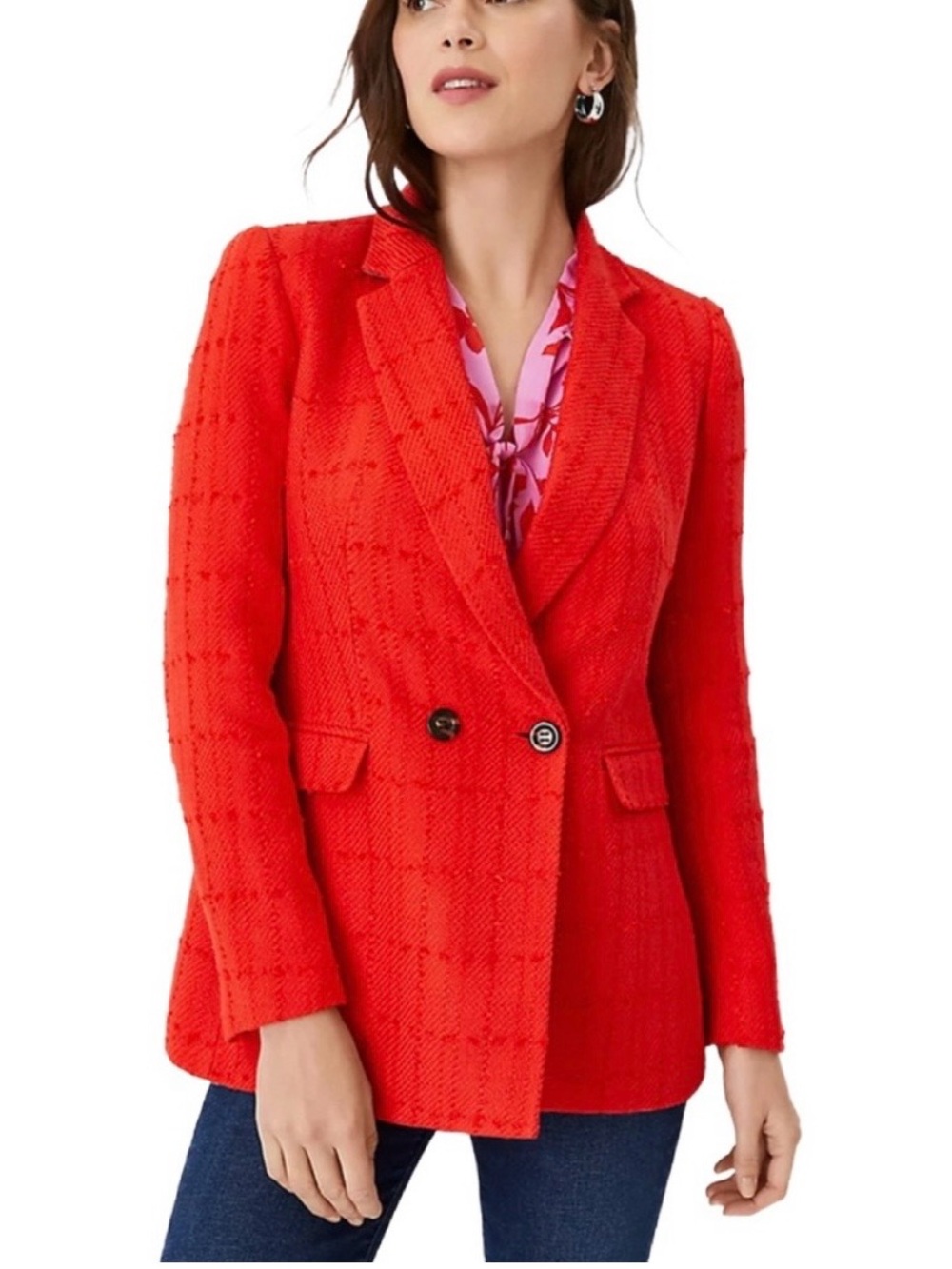 Ann Taylor Orange/Red Tweed Double-Button Blazer